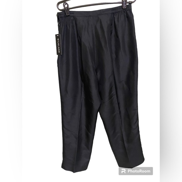 Black Raw 100% Silk Vintage Tropical Embroidered High Waist Capris Flat Front - Picture 4 of 9